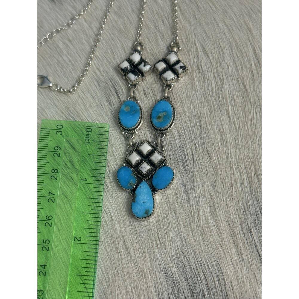 Sterling Silver Blue Kingman Turquoise White Buffalo Nugget Cluster Necklace 21” - Picture 14 of 16
